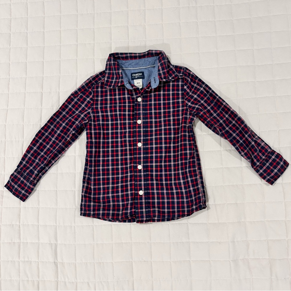 OshKosh B’gosh Button Down Long Sleeve Shirt Red Plaid 4/5